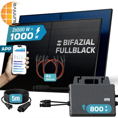 Produktbild von SUNNIVA® 1000W Balkonkraftwerk BIFAZIAL FULLBLACK komplett Steckdose TSUN 800W Wechselrichter, PV Solaranlage, 5m Kabel, Bluetooth WIFI
