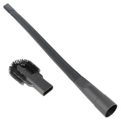A black vacuum cleaner crevice tool and brush attachment are shown against a white background.