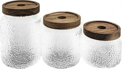 Produktbild von 3er Set Vorratsbehälter aus Borosilikatglas mit luftdichtem Holzdeckel