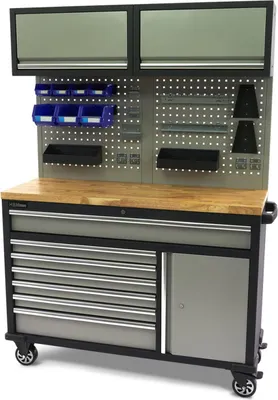 Produktbild von HBM Werkbank, 136 cm, fahrbar, mit 7 Schubladen, Tür und Schrankwand, inklusive Zubehör, grau