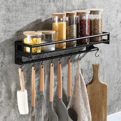 Immagine prodotto di Portaoggetti da cucina con ganci - Supporto da parete per utensili da cucina - Lunghezza 40 cm - 8 ganci - Da incollare o da fissare con fori - Mensola da cucina