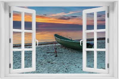 Produktbild von Wallario Wandbild mit Fenster-Illusion: Einsames Fischerboot mit Anker am Strand, Größe: 61 x 91,5 cm, Poster mit weißem Aluminiumrahmen