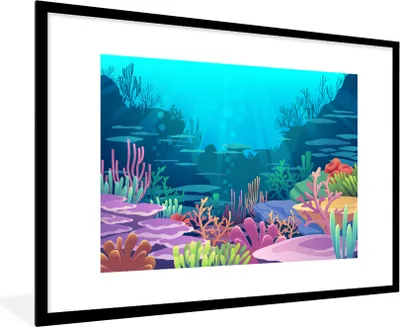 Produktbild von MuchoWow® MuchoWow® Gerahmtes Poster Meer - Korallen - Unterwasserwelt - Illustration 90x60 cm - Poster mit zchwarzem Bilderrahmen - Wanddekoration - Fotos