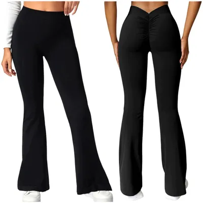 Produktbild von Damen Flared Leggings Schlaghose - Hoher Bund - Größe M - Schwarz - Push Up Fitness Hose