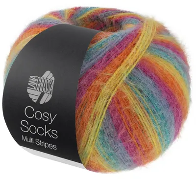 Zdjęcie produktu dla Lana Grossa Meilenweit 100 g COSY SOCKS Multi Stripes 400 m Puszyste skarpetki z wełny merynosów kolor 151 - Petrol/Smoky Blue/Fuchsia/Orange/Yellow