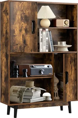 A wooden cabinet with multiple shelves and doors, displaying various decorative items and books.