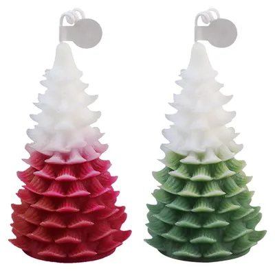 2er-Set Tannenbaum-Kerzen aus Wachs, rot/grün/weiß, 14 cm