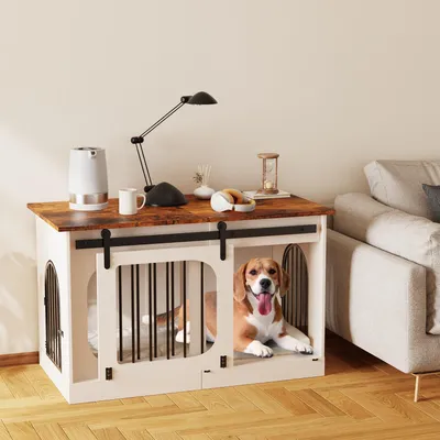 Obrázok produktu pre Klietka pre psa do domácnosti, 100 cm, biela/hnedá, s posuvnými dverami a podložkou pre psa