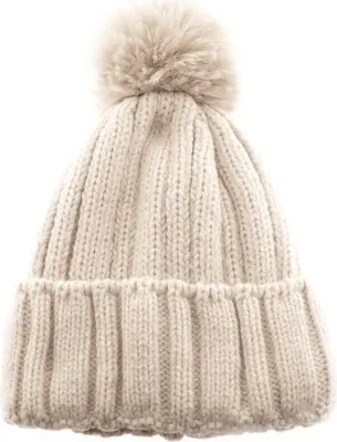 Produktbild von Strickmütze mit Innenfutter für kalte Winter- Herbsttage Bommelmütze Wintermütze Beige