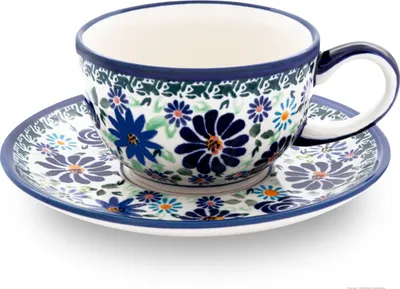 Produktbild von Original Bunzlauer Keramik Kaffeetasse Teetasse Ø9,8 cm klassisch 200 ml mit Unterschale Ø16 cm im Design DU126