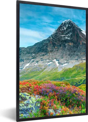 Produktbild von MuchoWow® Gerahmtes Poster Blumen - Berge - Schnee - Landschaft 60x90 cm - Poster mit Schwarzem Bilderrahmen Wandposter Rahmen Foto Bilder - Kunst