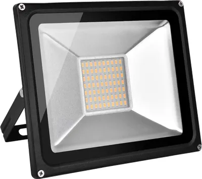 A black and silver LED floodlight with a square array of yellow LEDs.