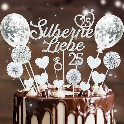 Zdjęcie produktu dla 25 srebrnych dekoracji tortu weselnego zestaw brokatowych balonów na tort papierowe wachlarze