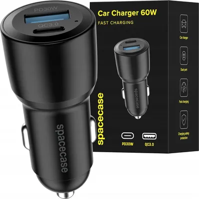 Productafbeelding van Spacecase autolader, 60W, dubbele poort, zwart