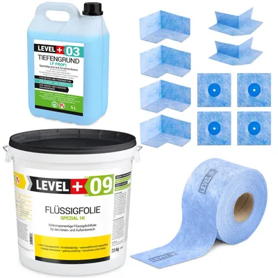Zdjęcie produktu dla Zestaw do Hydroizolacji Folia w Płynie 25kg Taśma uszczelniająca 25mb Środek Gruntujący Łazienka Prysznic Level+ SET70