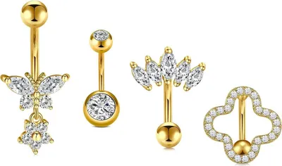Productafbeelding van AVYRING Set van 4 buikpiercings, goudkleurig, chirurgisch staal, met vlinder- en hartmotieven
