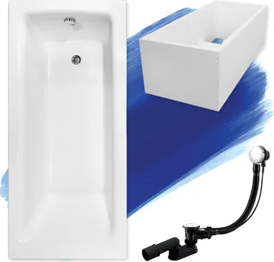 A white bathtub and its accessories are displayed against a blue background.
