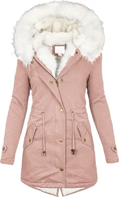 Produktbild von Winterjacke Damen Lang - Warmer Mantel mit Kapuze, Winterparka mit Reißverschluss, Slim-Fit Plüschjacke mit Kordelzug und Taschen, Rosa, XL
