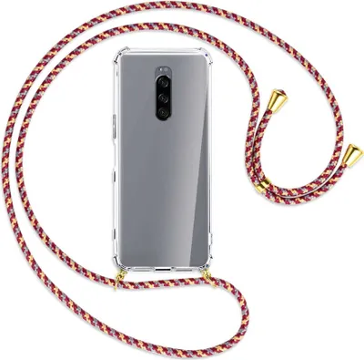 Produktbild von Handykette Backcover-Schutzhülle mit Band (Metall goldfarben) für Sony Xperia 1 - weinrot/gelb/grau
