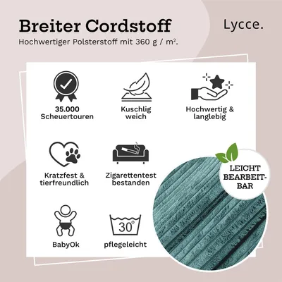 Produktbild von Lycce Cordstoff Meterware | 35.000 Scheuertouren | Tierfreundlich & kratzresistent | 1 lfm x 1,40 m breiter Polsterstoff für Möbel, Kissenbezüge und andere DIY Projekte | 360 g / m² | versch. Farben, Farbe:türkis