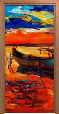 Produktbild von Türposter 90x200 cm Türaufkleber Türtapete Türfolie Klebefolie Sonnenuntergang Malerei Boote und Pier