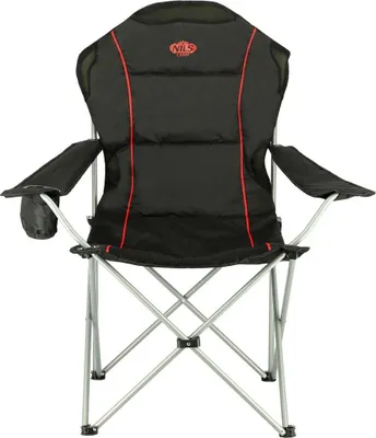 A black and red camping chair with a cup holder on the side.
