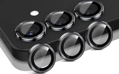 A set of camera lens protectors for a smartphone, arranged on the back of the phone.