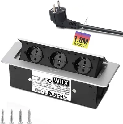 Produktbild von Aluminiowe wysuwane gniazdko do zabudowy, 3500W/16A/230V, 3-komorowe gniazdko do blatu, listwa gniazdka do blatu, kabel 1,8M