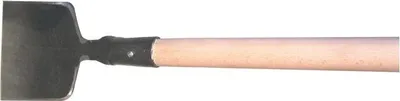 Close-up of the metal head and wooden handle of a tool.