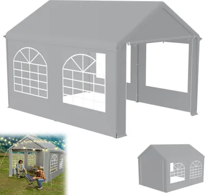 A large gray party tent with windows is shown from multiple angles, including a lifestyle shot with people sitting inside and string lights overhead.