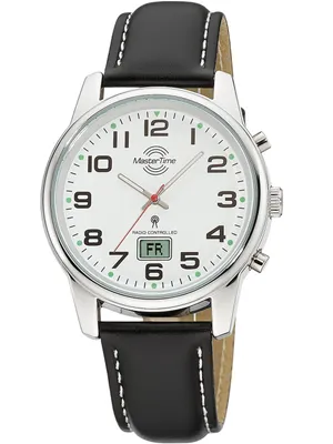 A close-up studio shot of a men's wristwatch with a black leather strap.