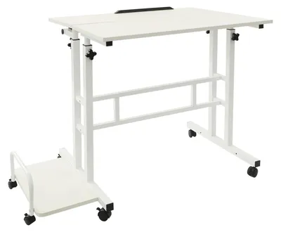 Image de Table d'appoint mobile pour ordinateur portable - Table à roulettes réglable en hauteur - Hauteur : 67–115 cm - Plateau : 74 × 54 cm - Charge maximale : 20 kg - MDF et acier au carbone - Rectangulaire - Blanc