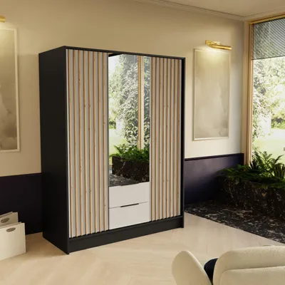 Produktbild von Masseno Drehtürenschrank PELOR 150,5/200/51 cm Modern Kleiderschrank 3-türig mit Spiegel Schwarz