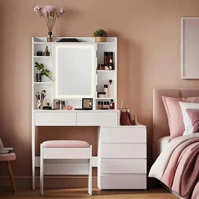 Zdjęcie produktu dla Toaletka z taboretką, lustrem i oświetleniem LED | Biały | 98,3 x 40 x 145 cm