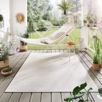Produktbild von Steffensmeier Indoor Outdoor Teppich Öland Balkon Terrasse Küche Garten wasserfest Kunststoff, strapazierfähig , Streifen Beige Silber, 280x380 cm