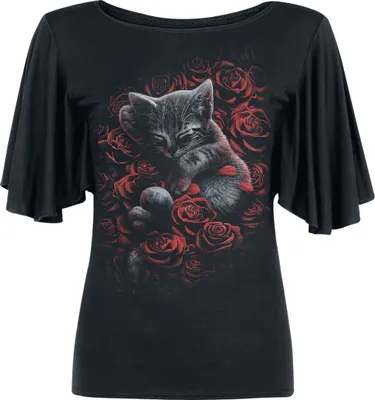 Produktbild von Spiral - Bed Of Roses - Boot-Ausschnitt Fledermaus-Ärmel Top Schwarz