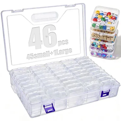 Produktbild von Sortierboxen mit 46 Fächern für Kleinteile, Sortierbox zur Aufbewahrung von Kleinteilen (5,5 x 5,5 x 2 cm), Mini-Aufbewahrungsbox, transparent, Aufbewahrungsbox für Bügelperlen für Schmuck