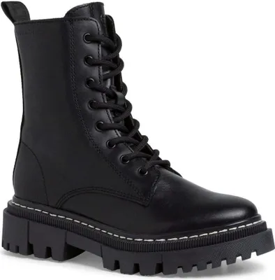 A black lace-up boot with a thick sole.