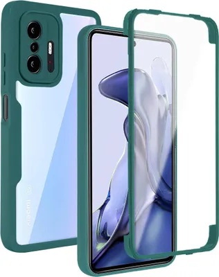 A green phone case with a transparent back is shown, with a phone inside.
