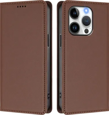 Image de Étui en cuir pour iPhone 14 Pro, étui à rabat magnétique en cuirPolyuréthaneavec support, marron
