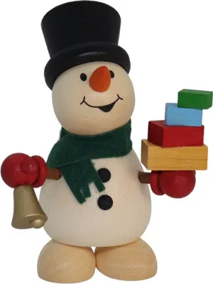 Produktbild von Holzfigur Schneemann mit Geschenken und Glocke BxHxT 5,5x9,5x6,5cm NEU