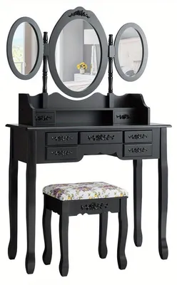 Productafbeelding van Kaptafel - Make-up Tafel - Cosmeticatafel - Dressing Table - Meubels - Zwarte Kaptafel Met Inklapbare Spiegel