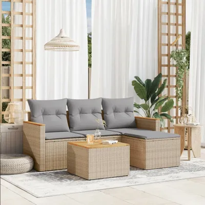 Produktbild von Design 5-tlg. Garten-Sofagarnitur mit Kissen Beige Poly Rattan, Gartenmöbel-Sets 2024 Neu