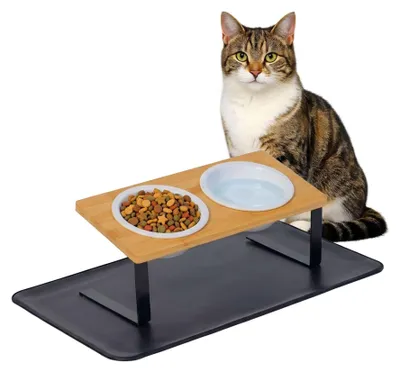 Produktbild von Erhöhtes Katzennapf-Set - Bambusständer, Keramiknäpfe, Matte