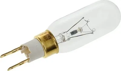 A close-up product shot of a small, clear glass light bulb with a white and gold metal base and two prongs for connection.