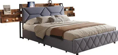 Image de Lit Rembourré 140x200 Cm Avec Ports USB, Étagères Ouvertes Et Tiroirs Dans La Tête De Lit, Gris