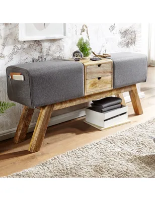 Produktbild von WOHNLING Turnbock Sitzbank Grau mit Schubladen 120x56x30 cm Turnhocker Bank aus Stoff mit Stauraum Hocker Garderobenbank Sitzhocker Springbock