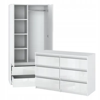 A white wardrobe and a white dresser are shown against a white background.