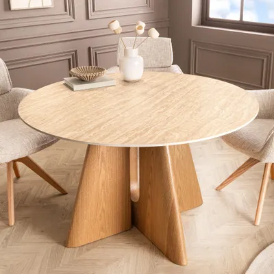 Produktbild von riess-ambiente Runder Esstisch ORGANIKO 120cm natur Travertin Keramik Eichenholz 4 Personen