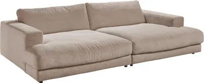 A taupe corduroy sofa is shown from a slightly elevated side angle against a white background.